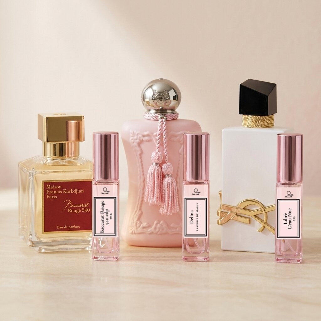 Baccarat Rouge 540, Delina and Libre L’Eau Nue with pink travel sprays